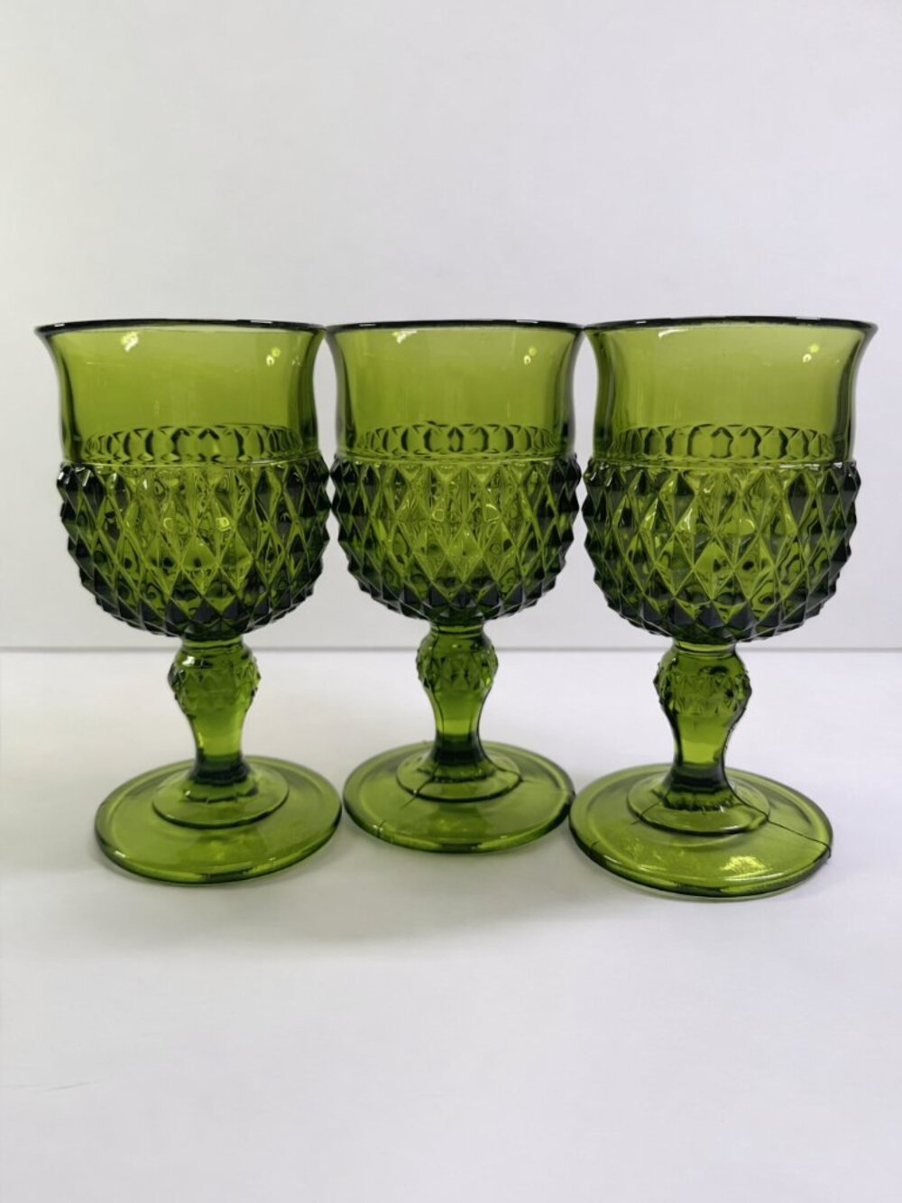 1960's Indiana Glass Diamond Point Olive Green Goblets – Set of 3